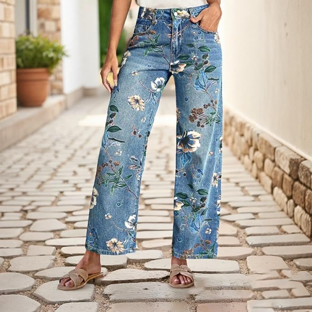 YNS Generic Sz-Xs. Women's straight-leg jeans with a floral print, loose, high-
